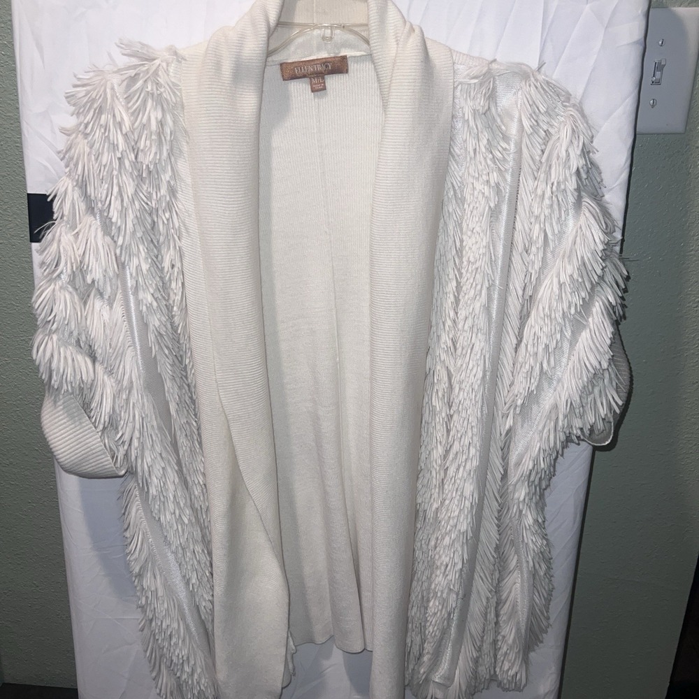 Ellen Tracy M/L Ivory Fringe Faux Fur Cardigan Duster Open Front Knit Coat